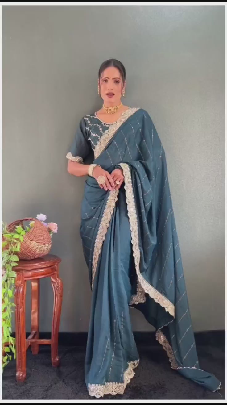 1 Min Teal Georgette Lace Swarovski work Stitched Readymade Saree