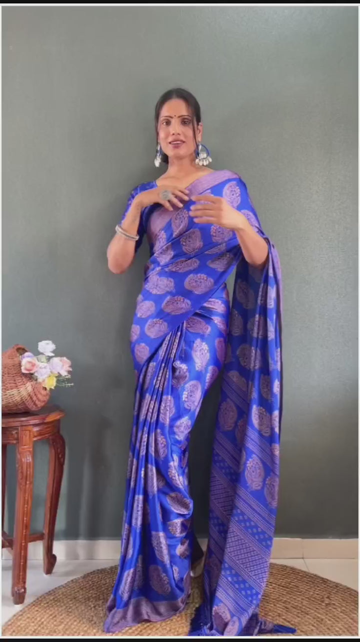 1 Min Electric Blue Soft Moss Silk Stitched Readymade Saree