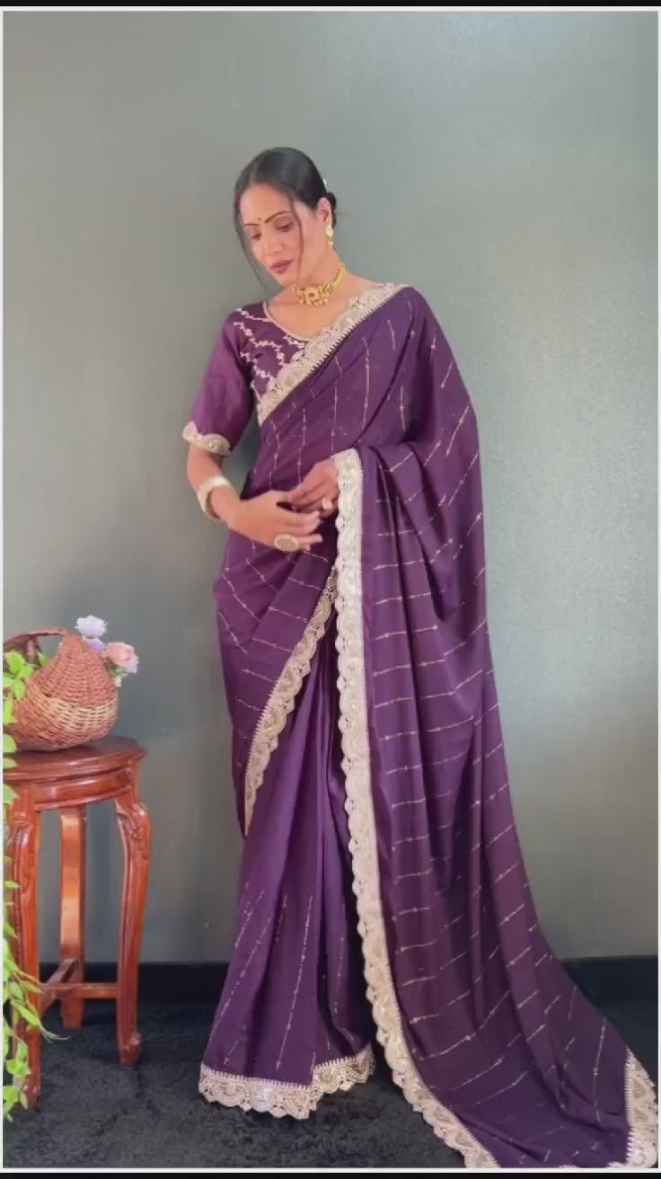 1 Min Purple Georgette Lace Swarovski work Stitched Readymade Saree