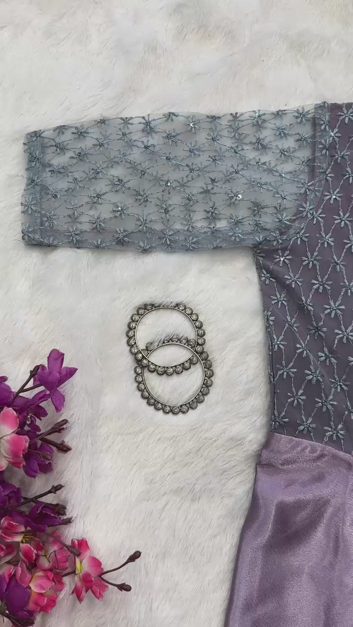 Lilac 10 Second Saree Satin Ethnic Gown Stitched Blouse