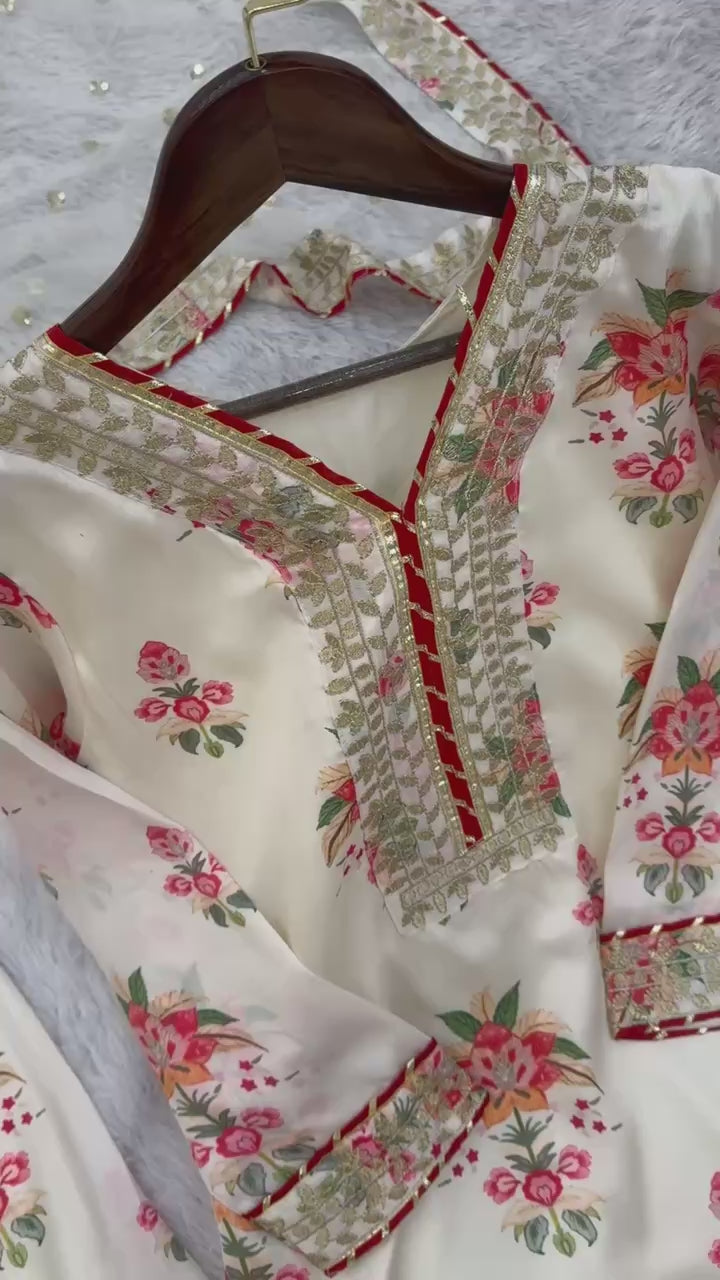 White Pink Designer Floral Chinon Silk Sharara Suit