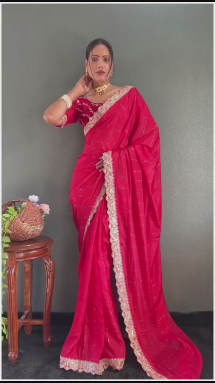1 Min Red Georgette Lace Swarovski work Stitched Readymade Saree