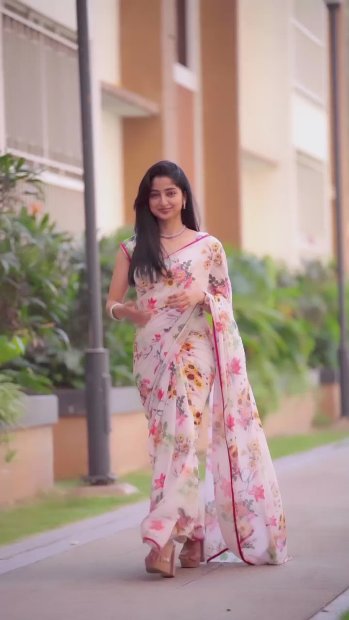 1 Min White Multicolor Floral Ready To Wear Saree