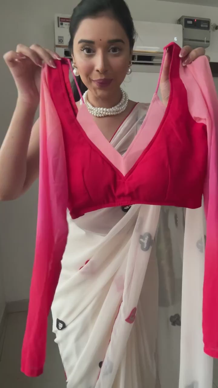 1 Min Red Georgette Dual Shaded Stitched Readymade Saree