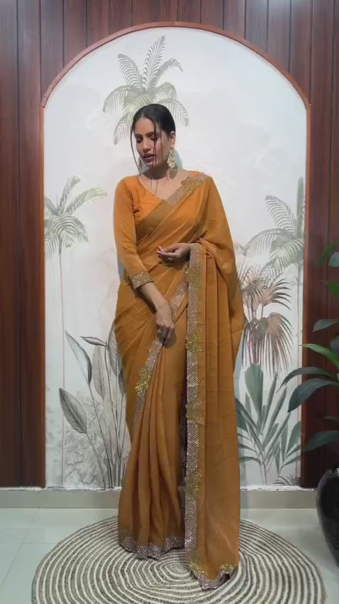 1 Min Mustard Moss Silk Readymade Saree With FREE Blouse