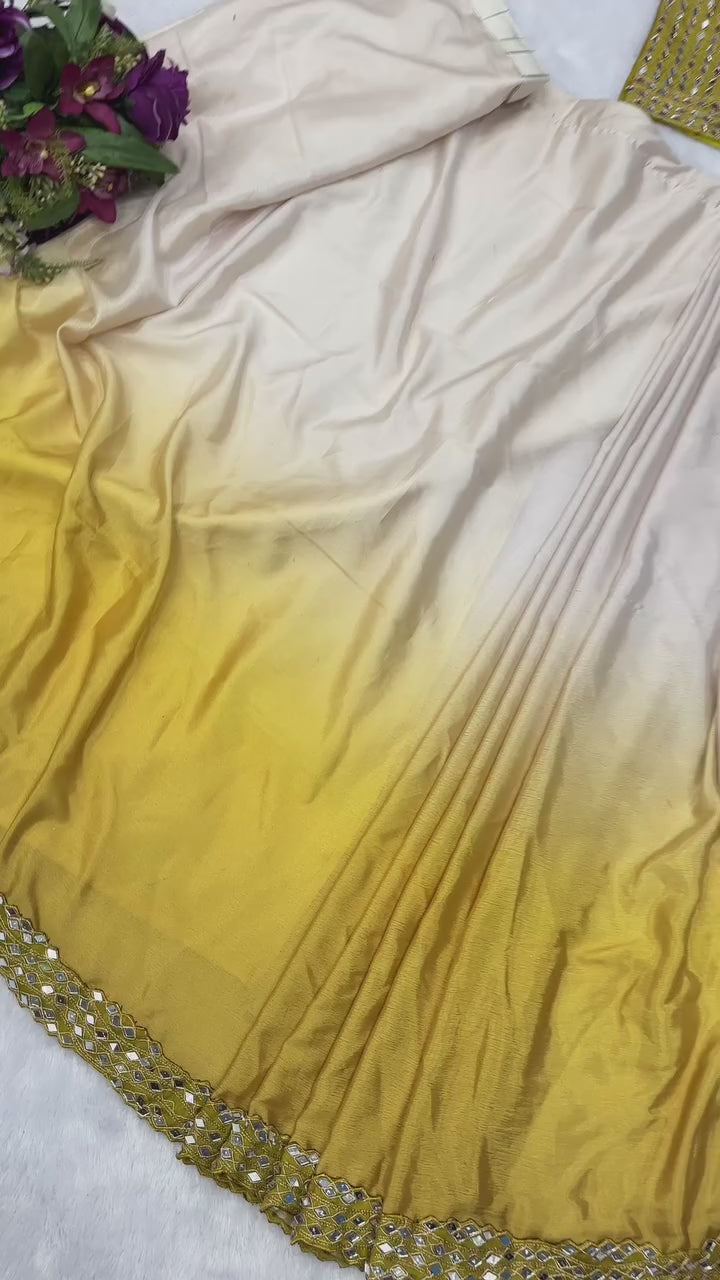 1 Min Yellow White Mirror Work Readymade Saree+ Blouse UK Next Day
