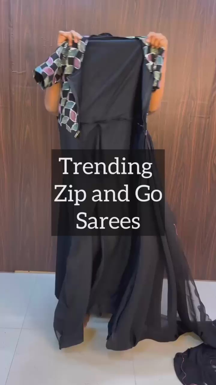 Black Georgette Zip &amp; Go 10 Second Saree Gown UK Next Day