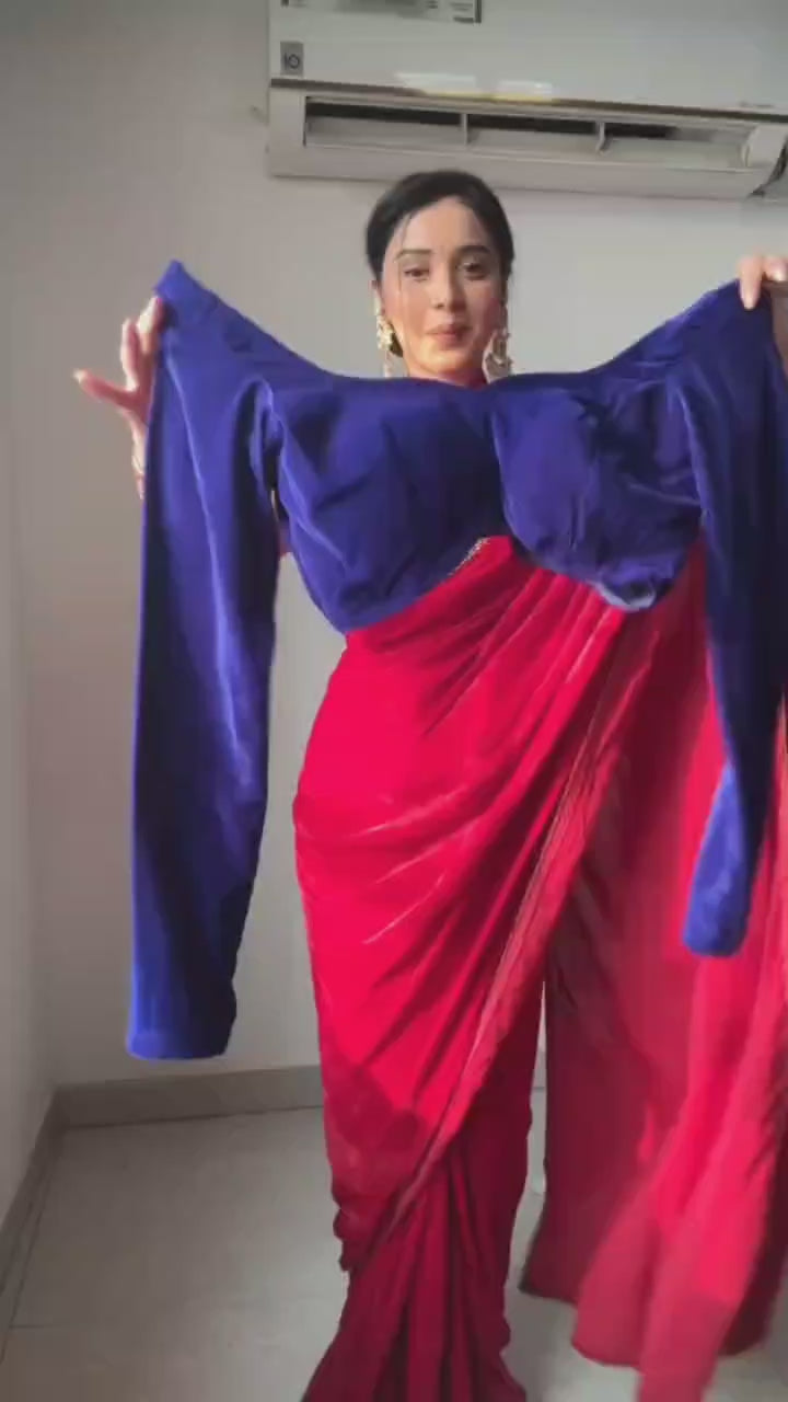 1 Min Electric Blue Velvet Stitched Readymade Saree with Blouse piece