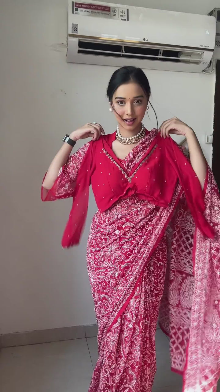 One Minute Saree Plain Red Ready to Wear Sari