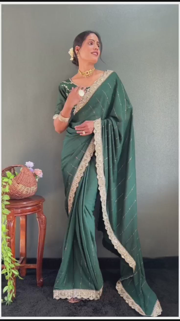 1 Min Dark Green Georgette Lace Swarovski work Stitched Readymade Saree
