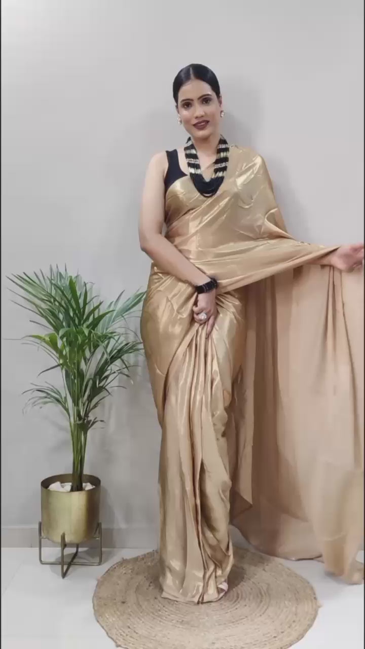 1 Min Golden Shimmer Satin Silk Stitched Readymade Saree+ Blouse