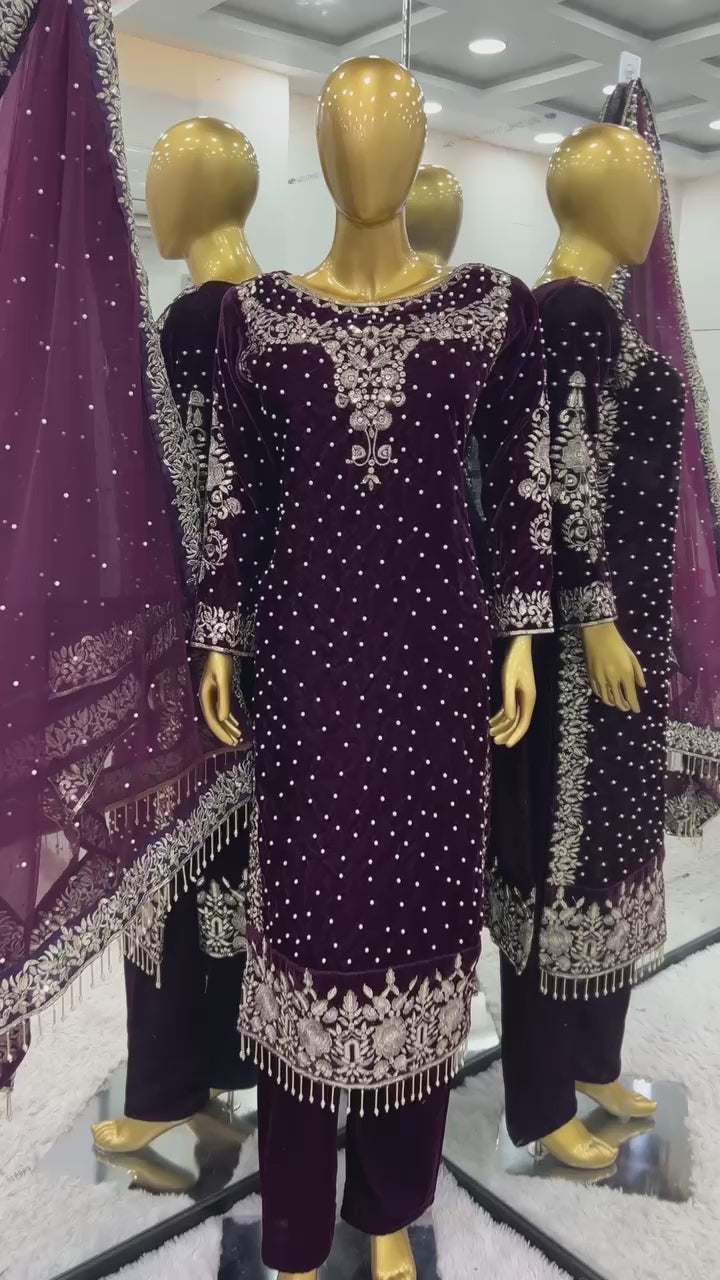 Plum Partywear Velvet Designer Salwar Suit Set