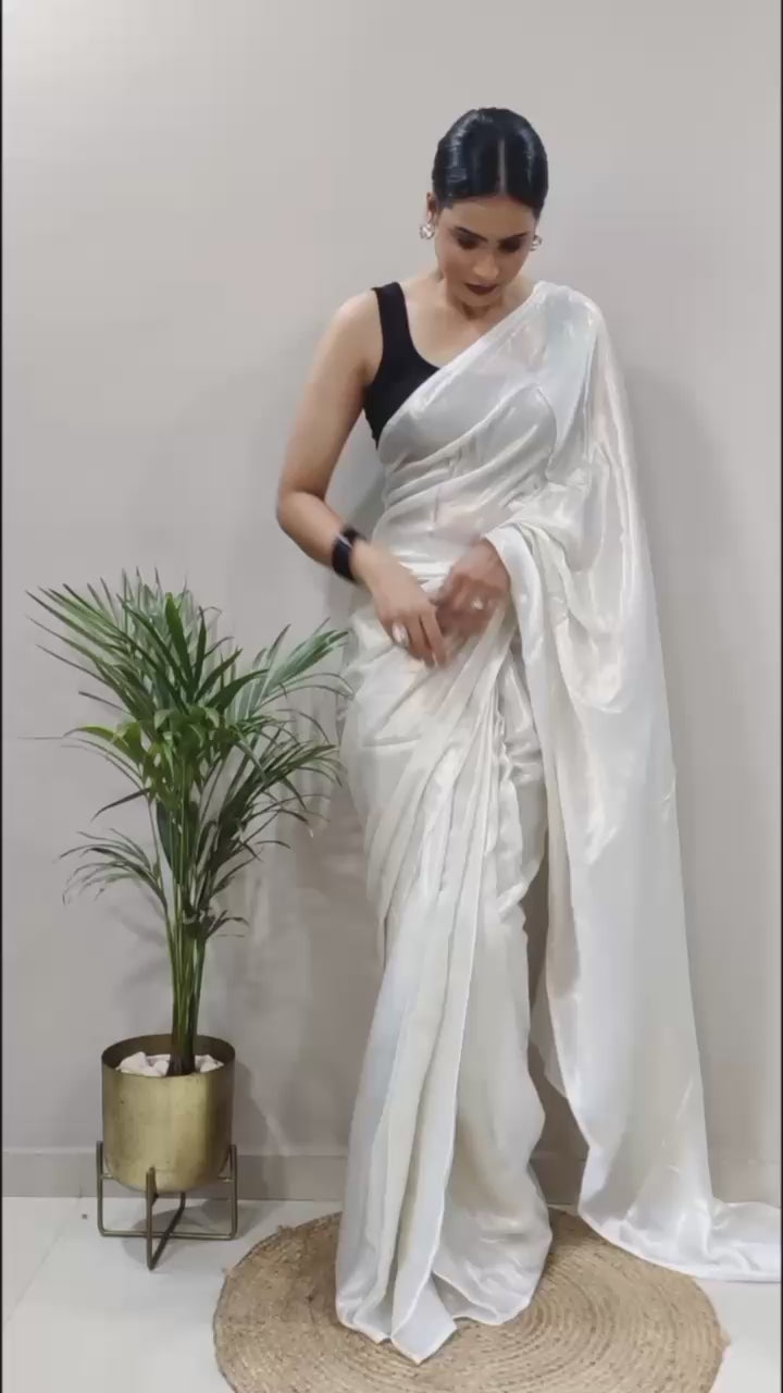 1 Min White Shimmer Satin Silk Stitched Readymade Saree+ Blouse