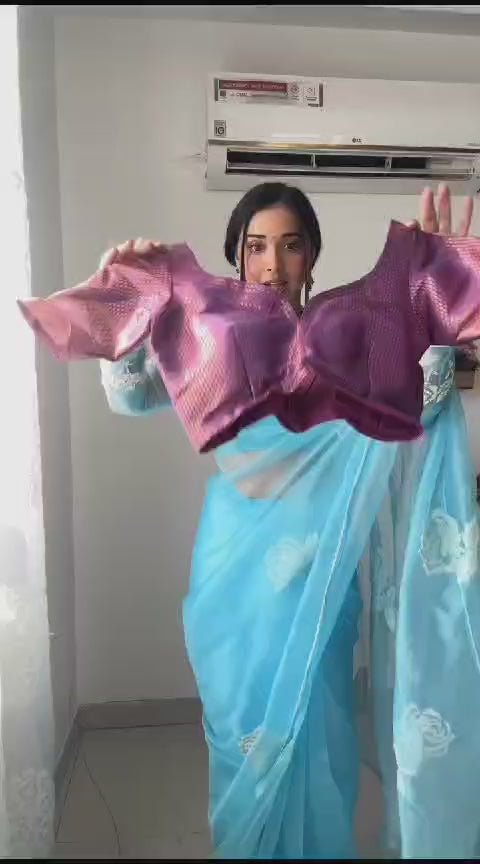 1 Min Purple Gold Litchi Silk Stitched Readymade Saree+ Blouse