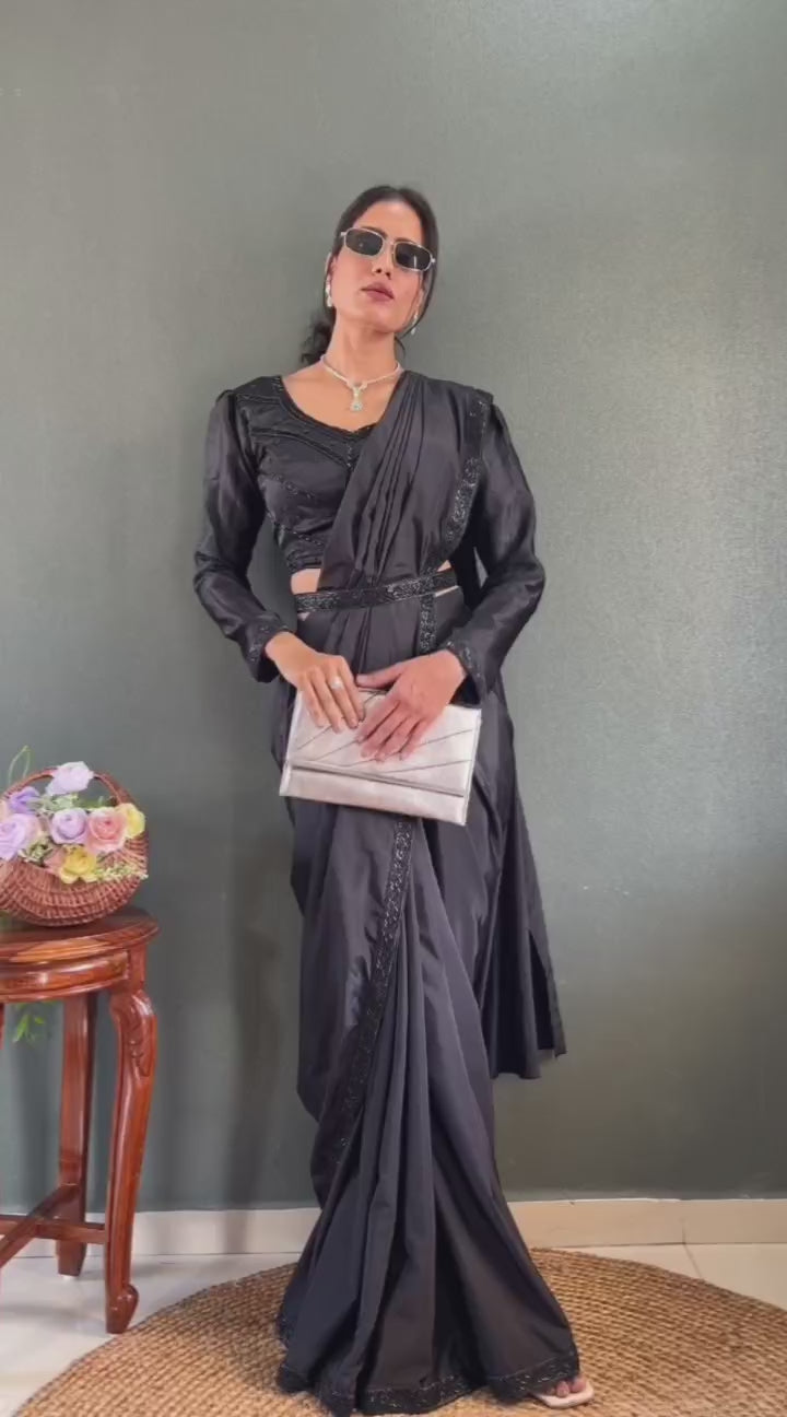 1 Min Black Stunning Hand Work Stitched Readymade Saree+ Blouse