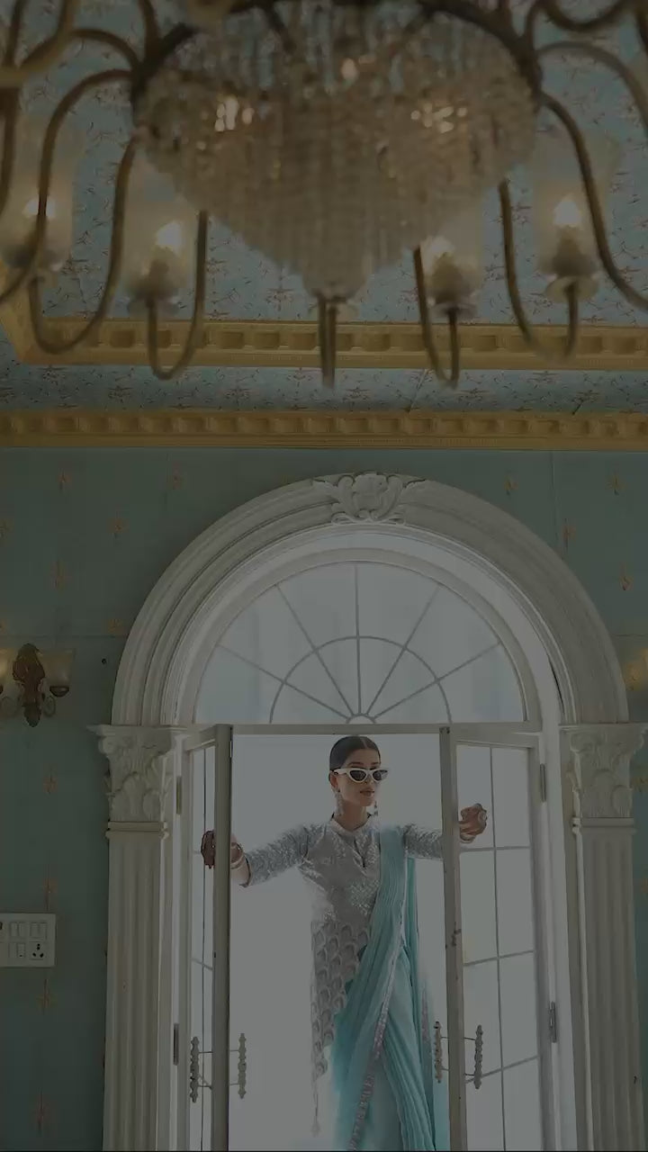 1 Min Powder Blue Stylish Designer Readymade Saree+ Blouse