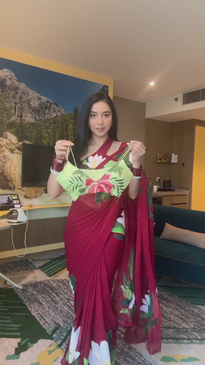 1 Min Pista Green Tropical Ready To Wear Saree