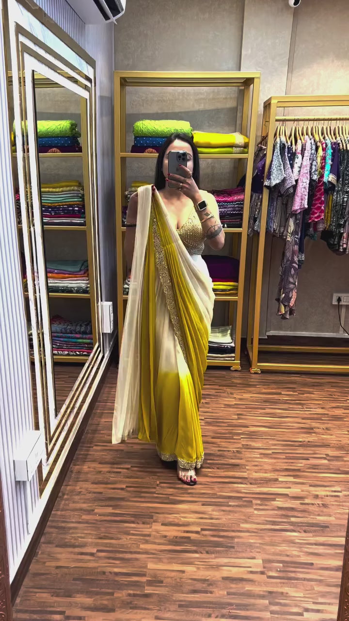 1 Min Yellow White Mirror Work Readymade Saree+ Blouse UK Next Day