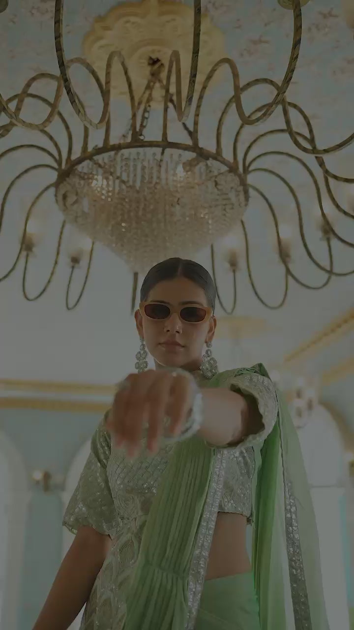 1 Min Pista Green Stylish Designer Readymade Saree+ Blouse