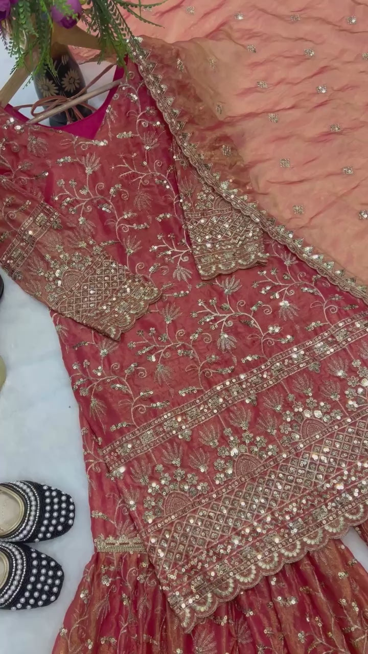 Soft Orange Peach Sequins Work Sharara Suit Set