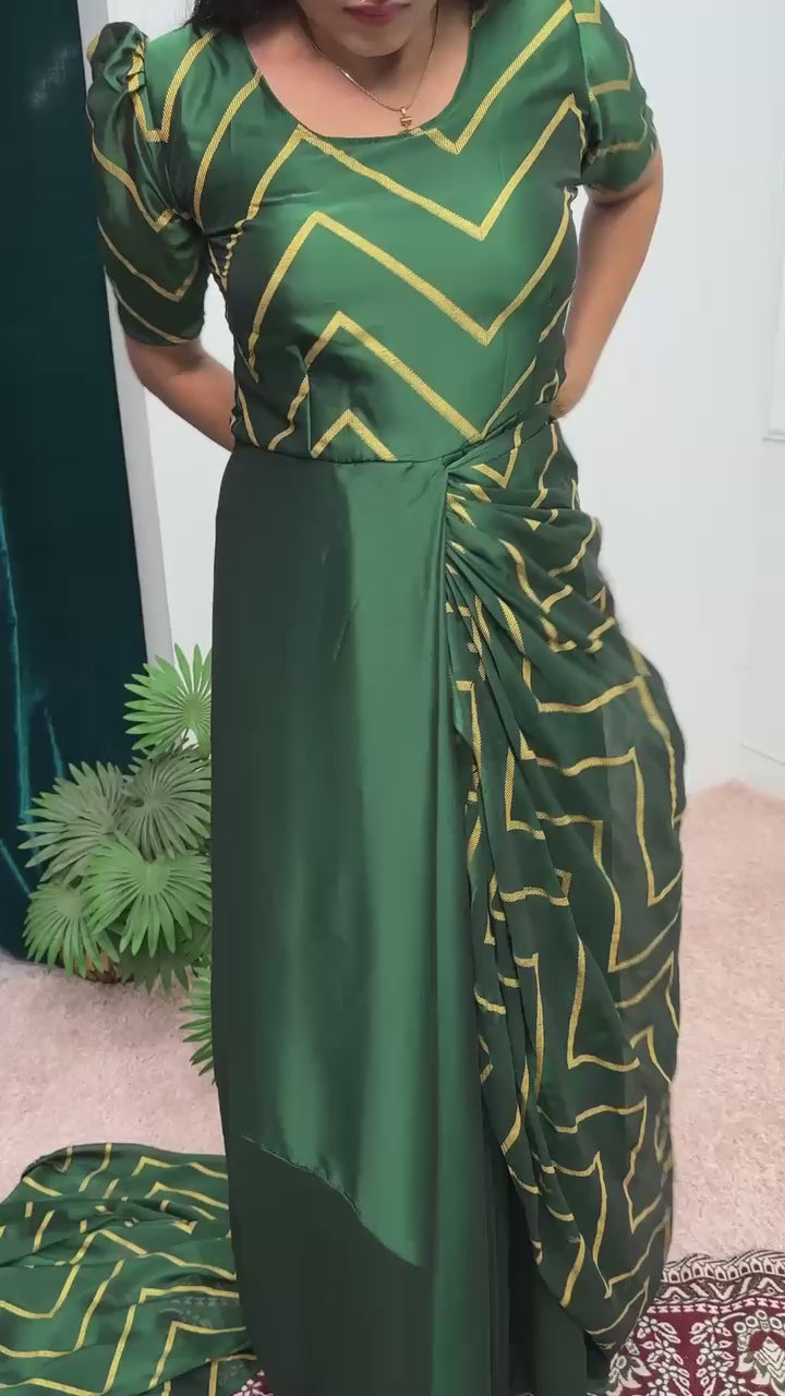 Green Foil Work Readymade Saree Gown UK Next Day