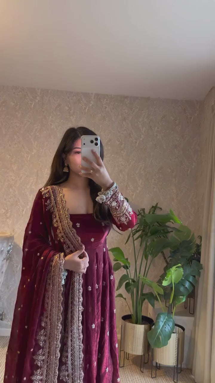 Classic Maroon Georgette Flair Embroidery Anarkali Set