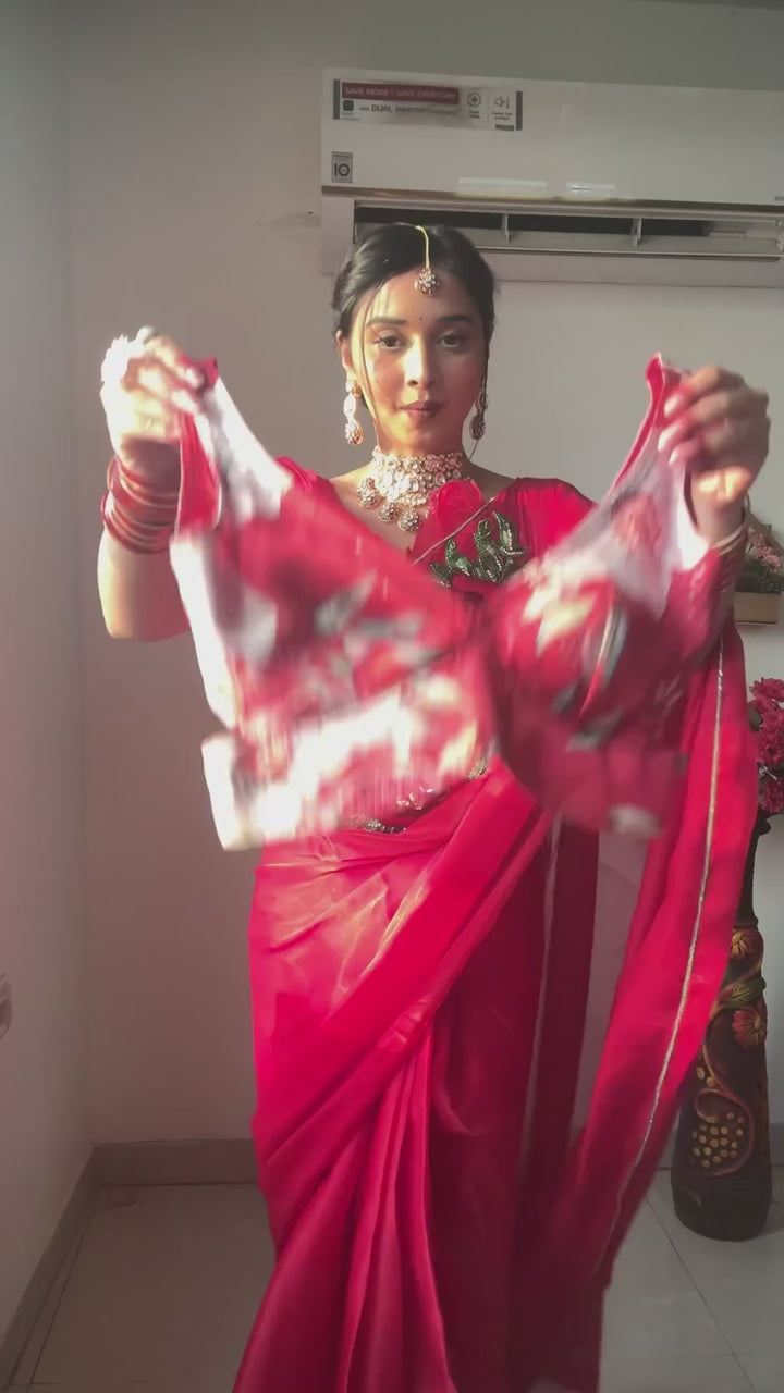 1 Min Red Soft Georgette Printed Floral Stitched Readymade Saree