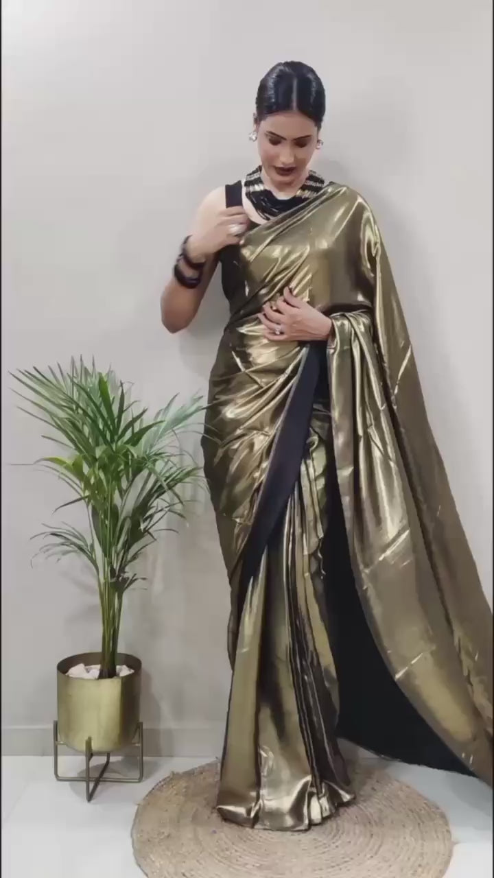 1 Min Bronze Shimmer Satin Silk Stitched Readymade Saree+ Blouse
