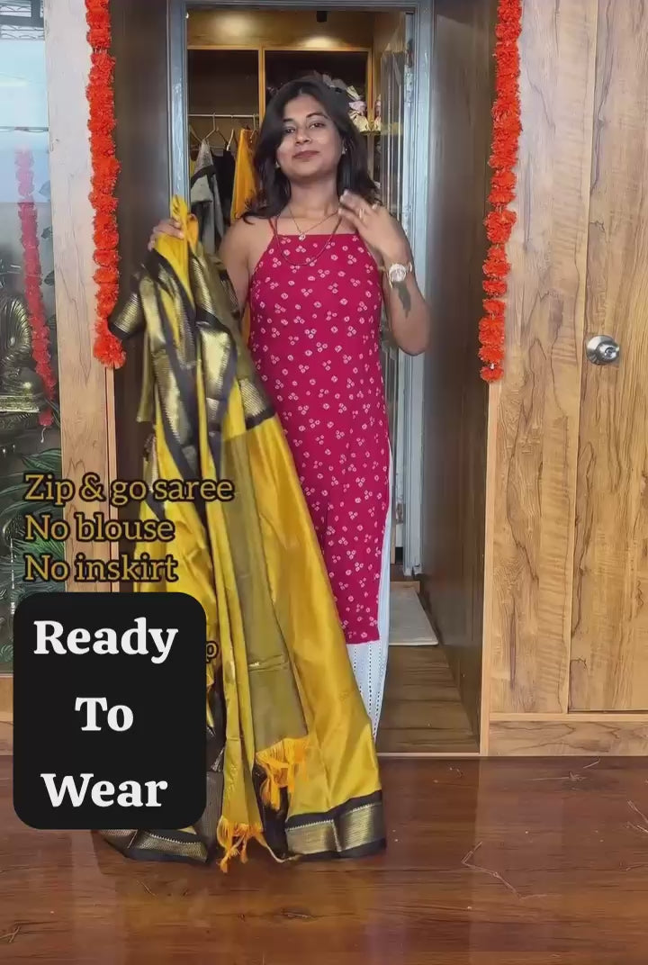 Mustard Yellow Lichi Silk Zip & Go 10 Second Saree Gown