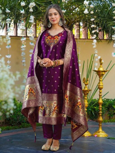Purple Art Silk Zari Jacquard Straight Suit Set - BONYHUBSALWAR KAMEEZ