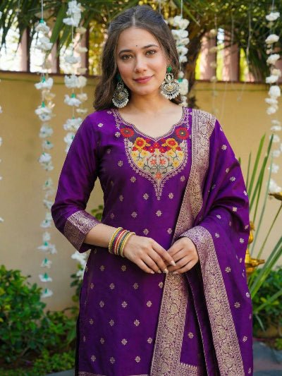 Purple Art Silk Zari Jacquard Straight Suit Set - BONYHUBSALWAR KAMEEZ