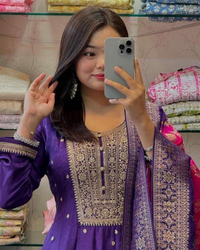 Purple Banarasi Silk Gold Zari Anarkali Suit Set - BONYHUBSALWAR KAMEEZ