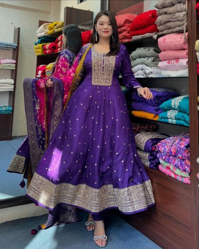 Purple Banarasi Silk Gold Zari Anarkali Suit Set - BONYHUBSALWAR KAMEEZ
