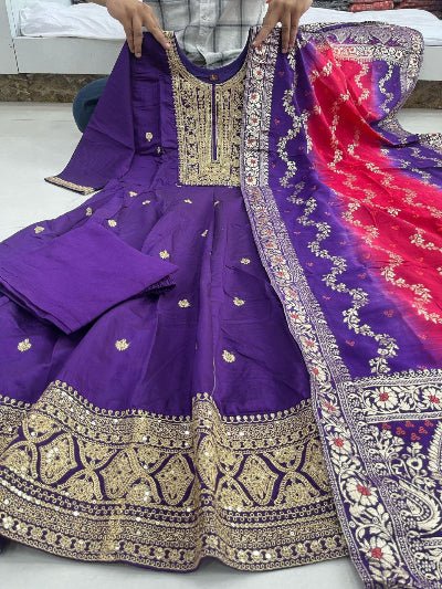 Purple Banarasi Silk Gold Zari Anarkali Suit Set - BONYHUBSALWAR KAMEEZ