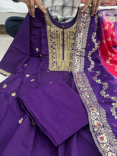 Purple Banarasi Silk Gold Zari Anarkali Suit Set - BONYHUBSALWAR KAMEEZ