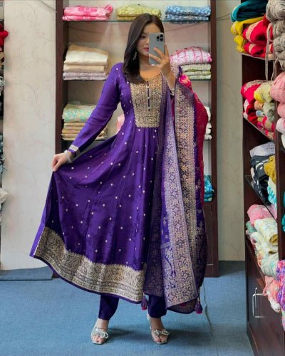 Purple Banarasi Silk Gold Zari Anarkali Suit Set - BONYHUBSALWAR KAMEEZ