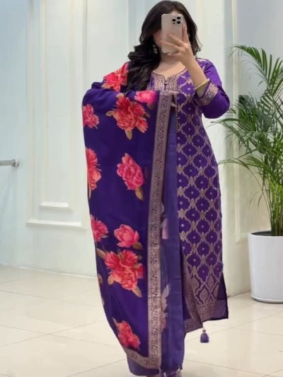 Purple Banarasi Silk Suit With Floral Dupatta - BONYHUBSALWAR KAMEEZ