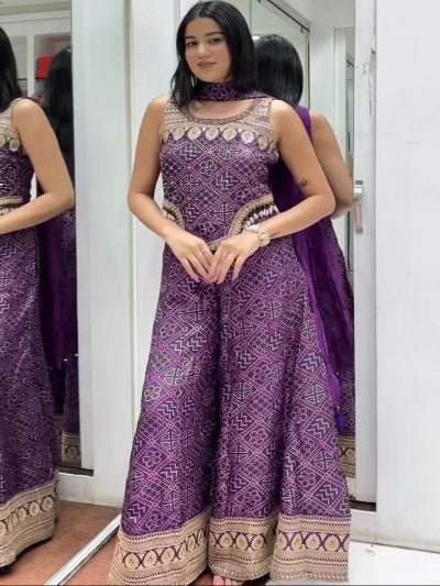 Purple Bandhani Embroidery Palazzo, Short Top &amp; Dupatta - BONYHUBSALWAR KAMEEZ