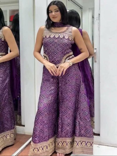 Purple Bandhani Embroidery Palazzo, Short Top &amp; Dupatta - BONYHUBSALWAR KAMEEZ