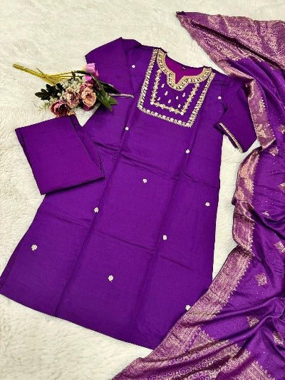 Purple Chanderi Salwar Suit With Jacquard Dupatta UK Next Day - BONYHUBSALWAR KAMEEZ