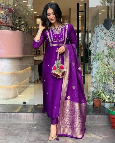 Purple Chanderi Salwar Suit With Jacquard Dupatta UK Next Day - BONYHUBSALWAR KAMEEZ