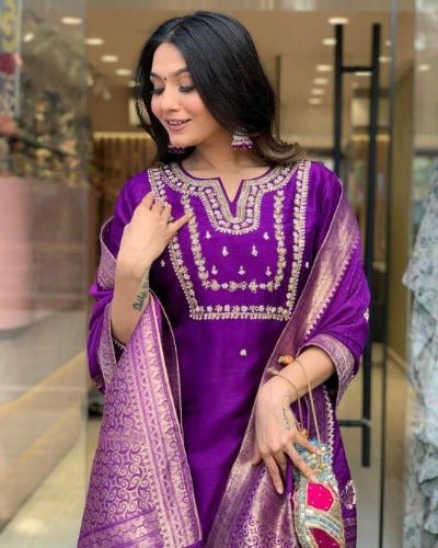 Purple Chanderi Salwar Suit With Jacquard Dupatta UK Next Day - BONYHUBSALWAR KAMEEZ