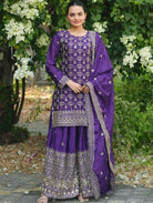 Purple Chinon Silk Full Sleeves Sharara Palazzo Suit Set - BONYHUBSALWAR KAMEEZ