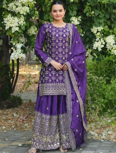 Purple Chinon Silk Full Sleeves Sharara Palazzo Suit Set - BONYHUBSALWAR KAMEEZ