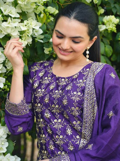 Purple Chinon Silk Full Sleeves Sharara Palazzo Suit Set - BONYHUBSALWAR KAMEEZ