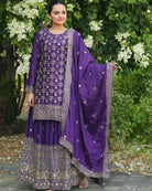 Purple Chinon Silk Full Sleeves Sharara Palazzo Suit Set - BONYHUBSALWAR KAMEEZ