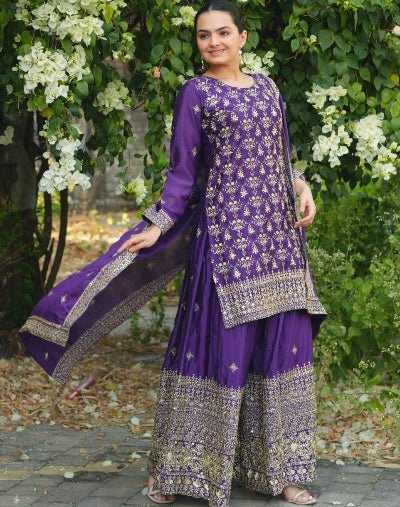Purple Chinon Silk Full Sleeves Sharara Palazzo Suit Set - BONYHUBSALWAR KAMEEZ