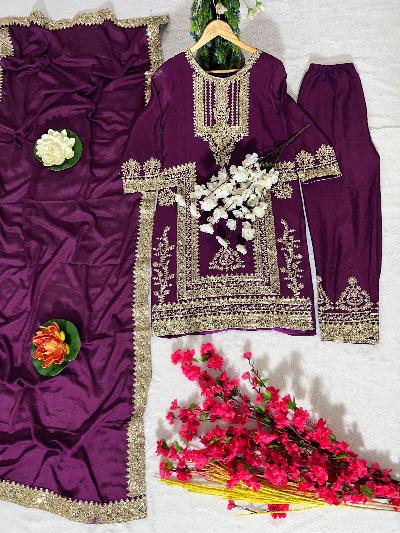 Purple Chinon Silk Partywear Attractive Suit Set - BONYHUBSALWAR KAMEEZ