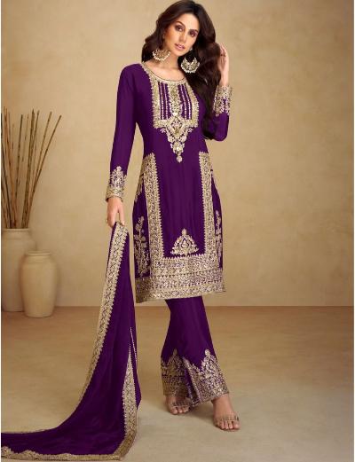 Purple Chinon Silk Partywear Attractive Suit Set - BONYHUBSALWAR KAMEEZ