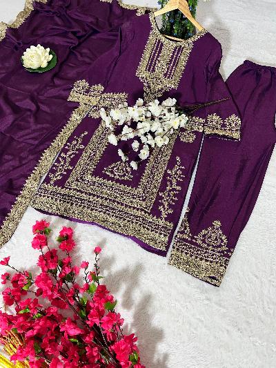 Purple Chinon Silk Partywear Attractive Suit Set - BONYHUBSALWAR KAMEEZ